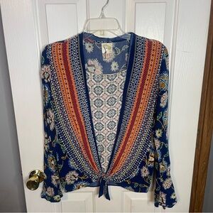 Floral Bohemian Women's Top - Blue and Orange M